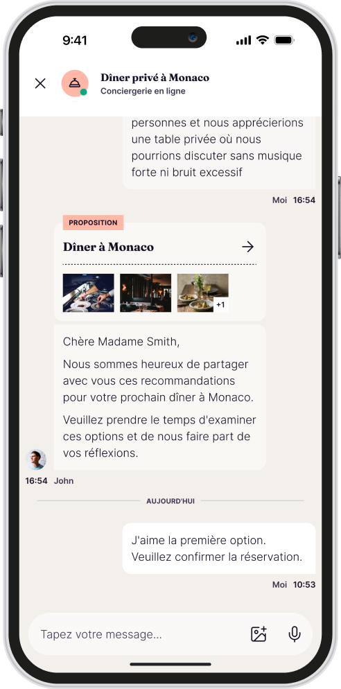 Application Carl — conversation avec le concierge